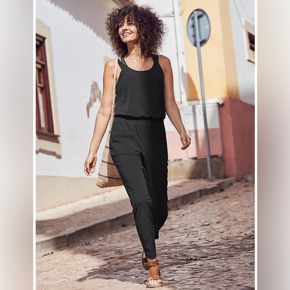 Athleta Roaming Black Sleeveless Scoop‎ Back Slim Straight Leg Jumpsuit 14 Tall